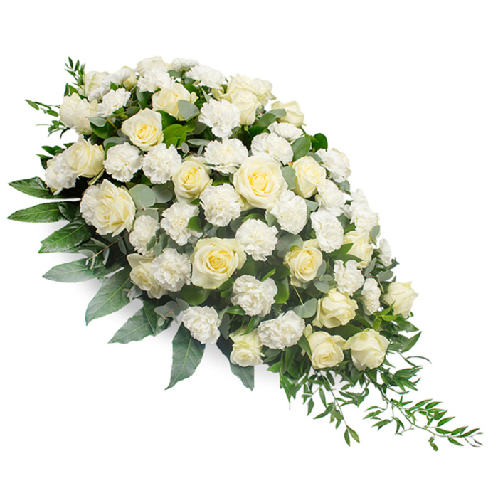 A luxurious white funeral floral spray is displayed on a pristine white background, shaped into an elegant, elongated crescent that begins with a generous mound of flowers at the upper left and gently narrows into a fine, trailing point at the lower right. Dominating the piece are numerous white and soft cream roses, carefully placed so that some are fully open, revealing their layered, spiralled petals, while others remain as poised buds, contributing a sense of natural rhythm and life. Interspersed among these larger blooms, smaller ruffled white carnations create pockets of cushioning texture, their delicate, feathery edges offering a soft contrast to the smooth surfaces of the roses. Beneath the blossoms, a foundation of foliage adds structure and subtle colour variation: broad, deep green leaves and cool, silvery eucalyptus weave in and out of the flowers, while slender ruscus stems and other trailing greens extend outward and then flow down the right edge of the spray, underlining its teardrop outline. The neutral background keeps the focus squarely on the calm interplay of whites, creams, and greens, giving the arrangement a tranquil, reverent presence. This is the kind of classic yet contemporary tribute you might see at a funeral home, cemetery chapel, or memorial service in Stanmore and surrounding areas such as Belmont or near Stanmore Country Park. Thoughtfully crafted by experienced local florists like Flowers Stanmore, it feels designed to bring quiet comfort, embodying themes of purity, remembrance, and lasting respect for a life well lived.