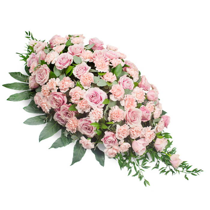 This funeral spray is arranged in a long, elegant teardrop, capturing the eye with its rich display of pink flowers against a stark white background. The top of the spray is rounded and lush, overflowing with pastel roses that gradually lead the gaze down along the narrowing line to a delicate point at the base. The roses are the stars of the composition, their petals unfolding in layered spirals that range from very light blush to slightly deeper dusty rose and soft peach-pink. Some flowers are fully open, broad and generous, while others are in earlier stages of bloom, lending a sense of quiet progression, like memories unfolding. Interspersed among the roses are numerous light pink carnations, their ruffled petals forming soft, textured cushions that link each larger bloom to the next. This combination of smooth rose petals and finely frilled carnation edges gives the spray a nuanced tactile quality, as though it would feel both velvety and feather-light to the touch. Beneath and around the flowers, abundant dark green foliage forms a contrasting frame. Broad, substantial leaves anchor the arrangement along its spine, while more slender, pointed leaves and airy sprigs of greenery extend outward in gentle, natural arcs, especially at the tapered end. This trailing greenery introduces movement and a sense of organic flow, as if the flowers were gently drifting along a quiet breeze. The overall tone is serene and reverent, perfectly suited for a Stanmore farewell, whether placed during a service near Stanmore Hill, in a chapel close to the station, or used as a central tribute at a family gathering to honour a much-loved life.