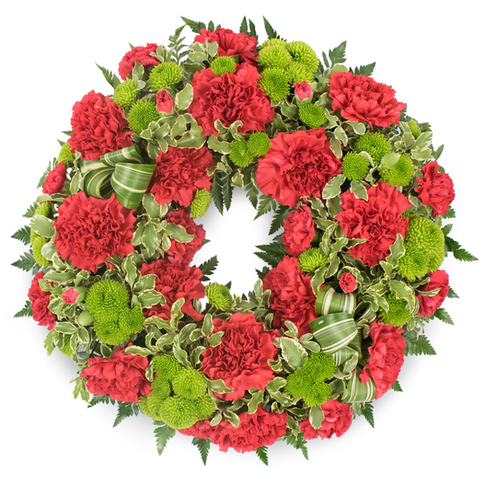 A lush circular wreath intended for funerals or memorial services fills the frame, its colours and textures made more vivid by the pure white background that surrounds it. The wreath is constructed from a tightly packed mix of deep red carnations and lime green button chrysanthemums, ensuring there are no visible gaps, only continuous blooms. The carnations, with their many layers of ruffled petals, bring a velvety softness; some appear fully open, spreading wide in rosettes of red, while others are partially closed, their centres still hidden, which lends the wreath a sense of depth and movement. Punctuating this sea of red are clusters of bright green button mums, perfectly rounded and compact, each one like a tiny cushion made of countless miniature florets that almost seem to glow against the darker tones. Encircling and peeking through the flowers is an array of greenery: dark, finely textured fern fronds add a feathery, almost lacy silhouette to the outer edge, while sections of variegated pittosporum with cream-edged leaves introduce softer detail and lighten the composition. Integrated gracefully into the foliage, a green ribbon with darker diagonal stripes is fashioned into modest loops, hinting at a bow without overwhelming the natural beauty of the blooms. Crafted with the kind of care often requested by families in Stanmore-whether for services near the Broadway or for tributes placed quietly in local cemeteries-the arrangement projects both strength and tenderness. The balanced circle, vivid yet dignified colours, and evident floral craftsmanship all work together to express heartfelt sympathy, respect, and the wish to honour a life remembered.