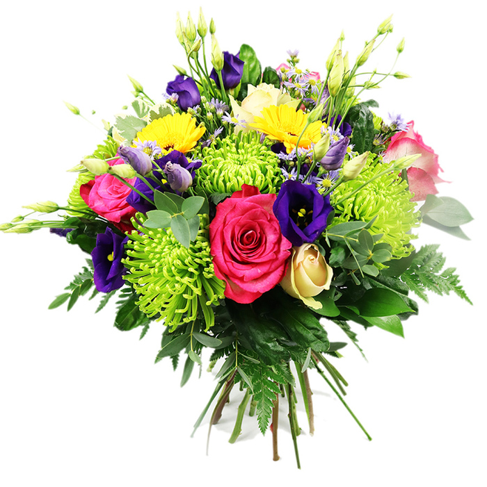 This vibrant hand-tied bouquet, photographed against a plain white background, appears like a carefully curated celebration of colour and texture. At the very heart of the arrangement, hot pink roses take centre stage, their broad, velvety petals layered in soft spirals that evoke a sense of romance and heartfelt sentiment. Surrounding them, lime green spider chrysanthemums create a dazzling contrast; each flower is composed of fine, elongated petals that extend outward in a spiky, almost firework-like burst of chartreuse, adding a modern flair that feels right at home in contemporary Stanmore interiors. Woven through the bouquet are deep indigo and royal purple lisianthus, some blossoms open and softly ruffled, others still in elegant buds that promise new blooms in the days ahead. Sprinkled throughout are bright yellow gerbera daisies or similar multi-petalled flowers, their sunny faces adding pockets of light and cheer that recall a stroll along Stanmore's tree-lined residential streets on a clear afternoon. Nestled gently near the base, a single creamy yellow rosebud brings quiet sophistication, its petals still closely wrapped. Smaller accent flowers in gentle lavender and pale pink add delicate detail, while slim green buds rise above the main body of the bouquet, giving height and a natural, slightly untamed character. The flowers rest on a bed of lush greenery: glossy dark green leaves, eucalyptus-like stems with softer tones, and feathery fern fronds that cascade slightly, softening the outline. The visible hand-tied stems beneath show off the craftsmanship of an expert florist in Stanmore, suggesting that this bouquet is ready to slip into a vase for a birthday breakfast table, anniversary dinner, or thoughtful congratulations delivered to a friend settling into a new home nearby.