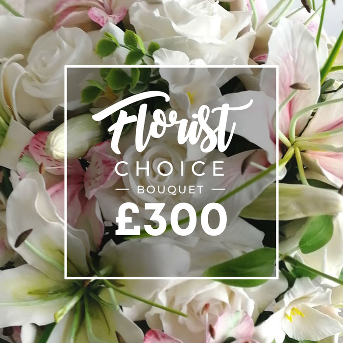 A densely packed, luxurious bouquet dominates the frame, blending pristine white and soft blush tones with vibrant green foliage. The core features numerous full-bloom white roses, their petals gently unfurled to create a plush, opulent texture, while white lilies introduce architectural grace with subtle pink stripes or speckles and brown anthers for a touch of natural detail. Interspersed are clusters of white and pale pink alstroemeria or similar delicate blossoms, adding depth and movement. Leaves and sprigs of eucalyptus-like greenery frame the arrangement, giving it freshness and dimension. An overlayed white rectangle sits at the center with a thin border, housing the title Florist in a flowing script, CHOICE BOUQUET in uppercase sans-serif, and decorative lines flanking CHOICE, followed by a large ?300 in bold white type. The image reads as a premium product listing, suggesting a hand-tied, expertly designed presentation. It conveys a sense of refined sympathy or celebration, and is clearly positioned for delivery across Stanmore and its surrounding districts, ideal for bespoke occasions, memorials, or luxe gifts.