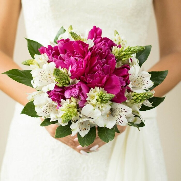 This photograph offers a detailed, close-up portrait of a bridal bouquet being held gently against the bodice of a white wedding gown, the dress fabric softly textured but understated so that the flowers take centre stage. The bouquet itself is a compact, rounded arrangement, its focal point a cluster of luxuriant peonies in intense fuchsia and magenta tones. Their petals are densely ruffled and softly curved, forming a plush, almost pillow-like heart to the design. Interwoven among these striking blooms are elegant white alstroemeria, their slim petals opening gracefully and marked with fine maroon speckles deep inside, adding a touch of sophistication and visual interest. Between the peonies and lilies, pockets of bright green, spiky buds and filler flowers introduce a playful, textural contrast, suggesting newly opened garden growth. These are all encircled by rich, dark green leaves that frame the bouquet, their smooth, glossy surfaces reflecting the light and grounding the vivid colours. At the bottom of the image, the bride's hands lightly clasp the stems; her nails are neatly shaped and painted a delicate blush pink, matching the romantic mood of the arrangement. The background is softly blurred in gentle, pale tones, hinting at the white of the gown and possibly a light-filled Stanmore venue, without distracting from the flowers themselves. The image feels like a fleeting pause during a wedding day, perhaps just outside a reception near Canons Park, where the bride takes a breath and admires the bouquet she chose. It perfectly illustrates a modern Stanmore bridal style that blends bold colour, intricate detail, and classic shape, much like the bespoke designs created at Flowers Stanmore for weddings across HA7 and the neighbouring areas.