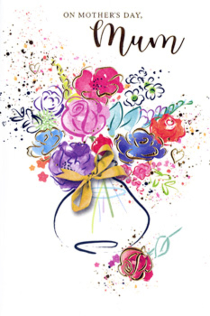 Expressive Mother's Day card design depicting a jubilant watercolour bouquet, as if it has been lovingly envisioned by an experienced Stanmore florist who also loves to paint. Hot pink, cerise, and raspberry-toned flowers take centre stage, their petals defined with strong indigo outlines that swoop and curve like quick, confident sketches. Around them, hints of violet, cornflower blue, and soft turquoise mingle with apricot and peach washes, suggesting a mix of garden flowers gathered fresh from a Stanmore back garden after a spring shower. Subtle accents of gleaming gold edge certain petals and leaves, while tiny golden hearts and dots hover in the surrounding space, echoing the quiet glow of appreciation that comes with saying thank you, mum. The bouquet settles into a whimsical vase, its shape suggested with a few sweeping strokes and finished with a neat golden bow at the front, hinting at carefully tied ribbon ready for a doorstep surprise along Marsh Lane or near Stanmore Broadway. The white background is enlivened by scattered splatters of pink, blue, and gold, as if colour itself is celebrating. The entire composition exudes warmth, spontaneity, and heartfelt emotion, turning the card into a keepsake that carries the feeling of a real bouquet, but one that will never fade, preserving the memory of Mother's Day in Stanmore year after year.