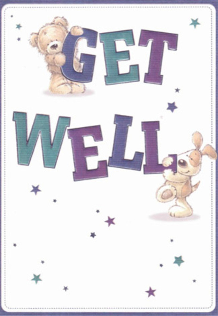 Playful get well card artwork depicting two charming characters-a plump teddy bear and an eager puppy-joining forces to present a towering Get Well message that dominates the centre of the design. The letters are drawn in a bold, friendly font, shaded with gradients of deep purple, teal, and aqua that lend a softly glowing effect, reminiscent of twilight skies above Stanmore Common. The bear hugs the top of the word GET as though it were a comforting cushion, while the puppy balances against WELL, its floppy ears flowing down the side of the letters in curved lines that echo the gentle arcs of the typography. Around them, starbursts and tiny dots in blues and violets scatter like little fireworks of encouragement, filling the negative space without overwhelming the clean, cream-coloured background. Each character's fur is rendered with subtle texture-short, stippled strokes for the bear, slightly longer, sweeping lines for the pup-suggesting softness and warmth similar to brushing your fingers across fresh petals and foliage in a hand-tied bouquet. The scene feels light and airy, with plenty of breathing room that evokes the calm of an early morning delivery round through Stanmore's tree-lined avenues. Emotionally, the illustration sits somewhere between childlike innocence and heartfelt sincerity, making it ideal for all ages. It's easy to imagine a local florist at Flowers Stanmore tucking this card into a box of fresh blooms, sending not just colour and fragrance, but this friendly pair of companions to keep someone company while they heal.