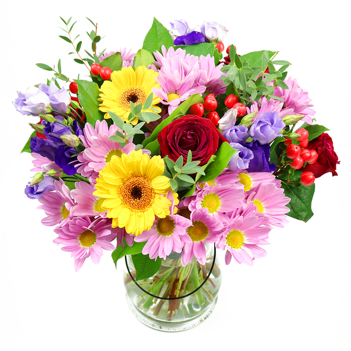 A beautifully balanced floral arrangement rises from a clear glass vase, the entire display set against a white background that highlights each hue and texture. Dominating the centre are lush red roses, their petals dense and velvety, curling inward in tight spirals that evoke deep emotion and timeless style. To one side, two bright yellow gerbera daisies shine with friendly warmth, their dark brown-orange centres forming striking focal points that immediately draw the gaze, much like the eye is drawn to the green edges of Stanmore Country Park. Around this central pairing, a collar of pink daisies or chrysanthemums opens in soft, rounded heads, each bloom featuring many fine petals and a tiny yellow centre, lending the bouquet a generous, cloud-soft volume. Interlaced through the pink and yellow are blossoms of lisianthus in varying shades of purple and lavender, their bell-shaped flowers unfolding with a refined, cool elegance that tempers the brighter notes. Dotted throughout the composition, clusters of glossy red hypericum berries add a playful, tactile texture, like tiny jewels resting among the petals. A rich mix of greenery frames and supports the flowers, with broad, dark leaves giving structural weight while lighter, more delicate sprigs create gentle movement around the edges, reminiscent of the breeze through trees near Stanmore station. Inside the transparent vase, you can see neatly cut stems immersed in clear water, arranged with the care and precision of an experienced florist. The bouquet radiates a mood of joyful celebration and thoughtful intention, ideal for same-day delivery across Stanmore as a birthday surprise, a house-warming gift off Marsh Lane, or a vibrant centrepiece for a family gathering at home.