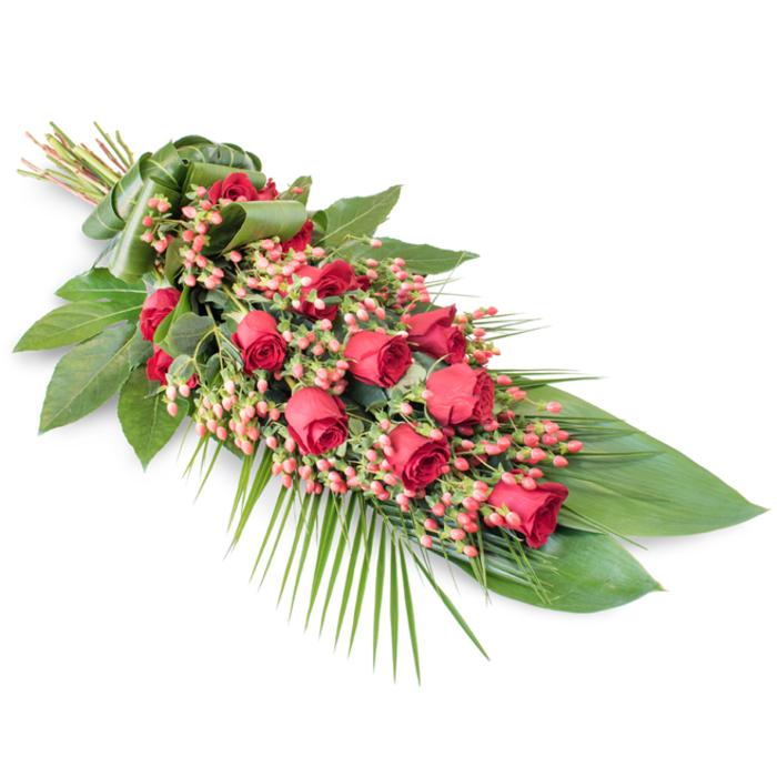 An elongated funeral spray featuring red roses, berries, and lush greenery is displayed against a crisp white background, capturing the quiet grace of a traditional farewell. The arrangement is set on a diagonal, with its broader mass of flowers sweeping through the centre and tapering gently towards the lower point, echoing the soft rise and fall of the landscape around Stanmore Common. At the heart of the tribute, a generous line of red roses runs almost the full length of the spray. Some of the roses remain in neatly formed buds, others are partially open, and a number of blooms have fully unfurled, displaying layers of rich, velvety petals in deep, passionate reds. Threaded among these roses are numerous clusters of Hypericum berries in shades of coral-pink and pinkish red; the berries are rounded and smooth, gathered in little sprays that add a more delicate scale and an almost jewelled effect to the overall design. The flowers rest upon a dense cushion of dark green foliage. Broad, glossy leaves overlap to form a steady base, while lighter, more feathery palm fronds emerge from the lower right, arching outward to give the spray an extended, flowing outline. A few slender stems and smaller leaves poke gently out from the edges, bringing a natural, slightly untamed touch to an otherwise carefully structured tribute. At the upper left, the stems are gathered tightly together and wrapped in a wide band of green leaf or foliage, offering a refined and professional finish characteristic of experienced local florists in Stanmore. The balanced contrast of red, green, and soft berry tones, combined with the tranquil composition, makes this an especially fitting floral piece for funeral services, memorials, and graveside tributes in and around Stanmore's churches and chapels.