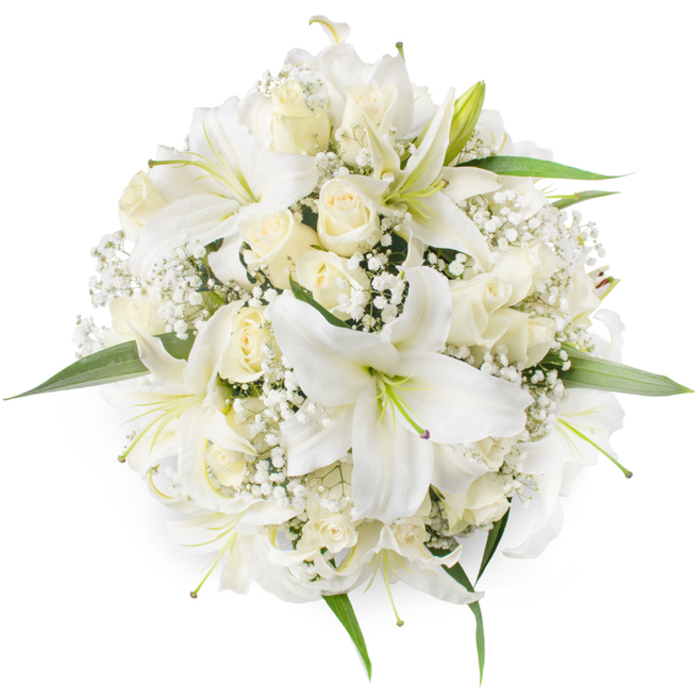 From an overhead viewpoint this immaculate, circular bouquet presents a refined study in white and cream: broad, open white lilies sit as luminous stars within the composition, their wide, trumpet-shaped petals and pale green stamens clearly visible against the clean backdrop. Intermingled with the lilies are numerous cream-to-ivory roses, most held in tight bud or gently unfurling to reveal layered, velvety petals that add softness and warmth to the arrangement. Delicate sprays of Baby's Breath (Gypsophila) thread between the larger blossoms, contributing an airy, cloud-like texture that softens edges and introduces intricate detail when viewed closely. Around the outside, glossy green leaves peek through, offering a fresh, verdant contrast that subtly defines the bouquet's silhouette. The lighting is soft and natural, accentuating the petals' translucency and the subtle tonal shifts from bright white to warm cream; the combined scent suggests the heady sweetness of roses tempered by the lighter, floral spice of lilies. This floral composition reads as classic and ceremonial - ideal for a bride seeking understated elegance, a tasteful table centerpiece, or a solemn tribute - and is evocative of quiet moments in Stanmore, from peaceful walks around Canons Park to the considered tastes of customers on Stanmore High Street. The arrangement demonstrates careful florist technique: balanced spacing, thoughtful texture contrasts, and a deliberate, timeless palette intended to communicate purity, love, and lasting reassurance.
