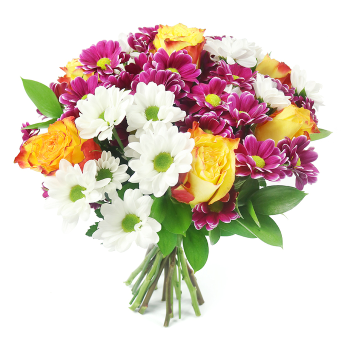 A lush, mixed bouquet is photographed straight on against a bright, uncluttered white backdrop, allowing every colour and texture to stand out clearly, as though displayed in the window of a Stanmore high street florist. The flowers are arranged in a dense, rounded dome, with each variety carefully positioned so that no single bloom dominates. At the forefront are several striking roses, fully open yet still structured, their petals moving from a radiant golden yellow at the core to warming orange and soft reddish-orange near the tips. These roses seem to glow, bringing a sense of comfort and optimism to the piece. Woven between them are clusters of white daisy-like chrysanthemums, their fine petals encircling vivid lime-green centres that feel bright and modern, adding cool highlights and a gentle, airy lift. Deeper in tone, but just as eye-catching, are numerous magenta and fuchsia chrysanthemums, their multi-layered petals tightly packed around yellow-green cores, creating little bursts of intense colour that add depth and dimension, reminiscent of richly planted beds in Stanmore's quieter residential streets. Around and beneath the blossoms, dark green, glossy foliage-similar to ruscus-peers out, framing the flowers and giving the arrangement a natural, slightly wild edge while keeping a neat, balanced silhouette. At the bottom, a cluster of smooth, freshly cut stems is gathered neatly, showcasing the hand-tied craftsmanship and suggesting readiness for same-day delivery to homes near Stanmore Station. The bouquet feels joyful yet refined, perfect for birthdays, anniversaries, or simply sending warm wishes to someone who could use a cheerful, colourful reminder that they are remembered.