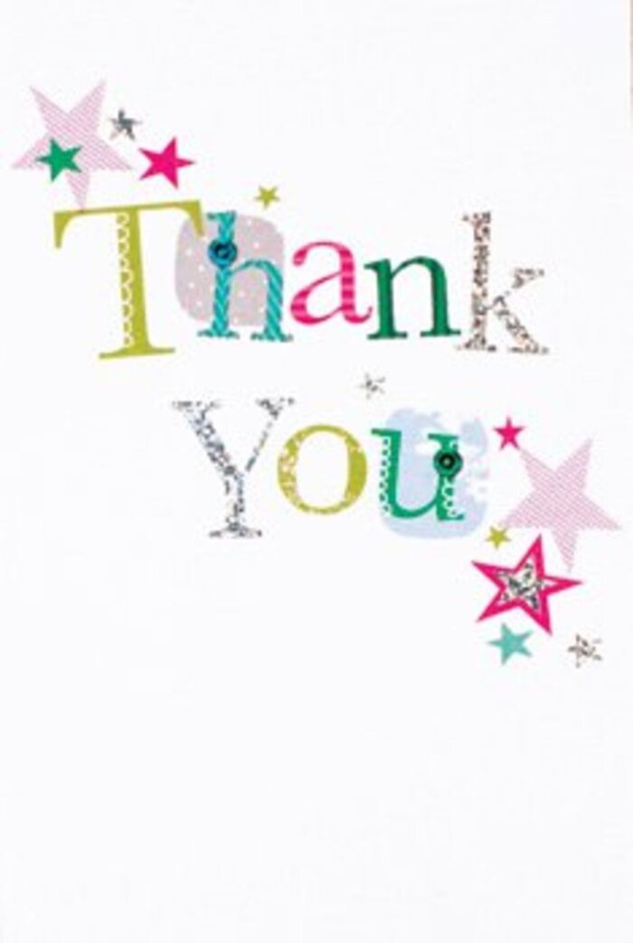 There's an understated vibrancy to this thank you card-a quiet exuberance paired with artistic flair that could only be crafted with a touch as thoughtful as you'd find at a Stanmore florist. Each letter has a personality of its own: graceful strokes, playful spots, and softly curved lines rendered in lively hues from fuchsia to turquoise and silvery white. Sparkling stars, some with gentle stripes in pink or blue, seem to sprinkle extra cheer around the phrase, their playful presence reminiscent of the joyful energy at Stanmore's weekly markets or local community fairs. The white background feels airy and modern, allowing this arrangement to breathe, its composition delicate yet engaging. It's a card that would nestle beautifully next to a bouquet for any occasion-whether expressing gratitude to a friend on Marsh Lane or to a mentor at North London Collegiate School. Elegant yet approachable, its design balances the universal warmth of thanks with an artistic brightness that leaves a lasting impression.