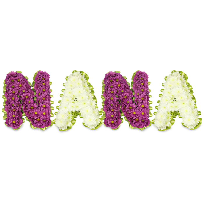 A bespoke funeral tribute arranged by Flowers Stanmore, this three-dimensional NANA formation rests on a pure white background and reads as both a visual statement and a tender message. The first N and the second N are densely formed from rich magenta to deep plum chrysanthemums, each head revealing a tiny yellow center that punctuates the velvety mass with warm specks of colour. The A letters are sculpted from pristine ivory or cream chrysanthemums, their compact clusters creating gentle, serene planes of pale petals that soften the overall composition. Each letter is carefully bordered with a vivid lime-green trim-worked from fine foliage or a pleated ribbon-to provide a crisp, natural frame that adds freshness and a subtle lift to the sympathy piece. The craftsmanship is evident: blooms are positioned for uniform density and clean edges, supporting legibility from a distance while inviting close inspection of texture and form. Gentle studio lighting or soft morning light from a window on Stanmore Hill brings out the petals' natural sheen and casts soft shadows that enhance the three-dimensional effect. A faint, comforting chrysanthemum fragrance lingers nearby, helping to steady the atmosphere at a chapel, funeral home, or graveside. Families often choose this style to honour a grandmother at a wake or memorial service in local venues near Canons Park or Marsh Lane, where the arrangement reads as a heartfelt tribute shaped by experienced local florists who understand the rhythms of mourning and remembrance in our community.