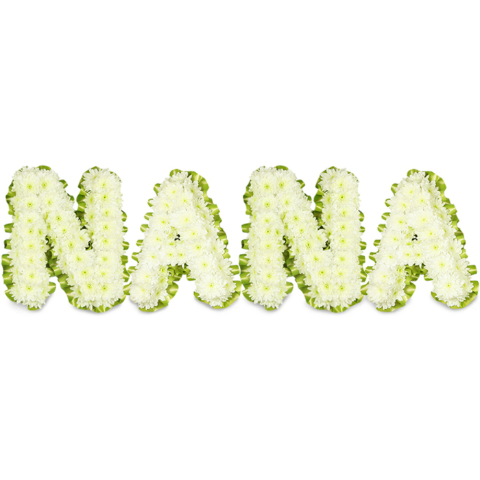 A poignant, large-scale floral tribute presents the name NANA in bold, three-dimensional letters set against a pure white background, each character constructed from hundreds of pristine white chrysanthemum blooms. Up close the chrysanthemums' small, delicately ruffled petals create a soft, textured plane across every letter, their dense clustering producing a sculptural solidity that reads with both tenderness and gravity. A vivid green border - appearing as either lush greens or a carefully pleated satin ribbon - traces the outer edge of each letter, providing a bright, living outline that heightens definition and ensures the characters remain legible from a distance. The balance of stark white against fresh green gives the piece a classic, timeless quality: white for solace and purity, green for renewal and the quiet persistence of life. The lighting is even and clear, lifting the freshness of the blooms and the subtle shadows between clusters so the depth and craftsmanship are readily apparent. This tribute is intended for solemn moments of farewell - seen at graveside services, memorial chapels, or placed near a coffin - and it communicates deepest sympathy and respect for a family matriarch. Local context matters: a dedicated Stanmore florist would deliver and position this with care for services at venues around Stanmore Broadway, Bentley Priory, or Canons Park, where neighbours gather to remember a life. The overall tone is one of composed reverence, a lovingly made memorial that speaks of enduring affection and the skilled hand that assembled it.