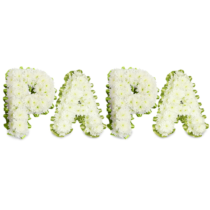 A classic, reverent floral tribute presenting the name PAPA in four meticulously sculpted uppercase letters, each letter composed of compact, pristine white spray chrysanthemums or similar small blooms. The flowers are densely set to form a soft, slightly rounded surface across each character, producing a tactile, cloud-like volume that reads clearly from a distance while rewarding close inspection with delicate petal detail. Around the perimeter of each letter a pale green pleated ribbon or narrow band of soft foliage has been applied with careful symmetry, its subtle ruffle providing a clean outline that enhances contrast without distracting from the purity of the white. Placed against a spotless white background, the composition is arranged in an even horizontal line, conveying order, respect, and a quiet dignity. A faint, fresh scent rises from the chrysanthemums, a mild, comforting note that complements the visual serenity. This arrangement is tailored for sympathy use - funeral chapels, memorial services, and graveside remembrances where families honour a father or grandfather with personalised lettering. Crafted with experienced hands familiar with local needs, it suits venues across Stanmore and nearby Harrow, offered with careful delivery to chapels and family homes along Stanmore Broadway or the routes toward Bentley Priory. The overall impression is one of purity, calm, and heartfelt tribute: a measured floral expression of grief, love, and remembrance for a cherished paternal figure.