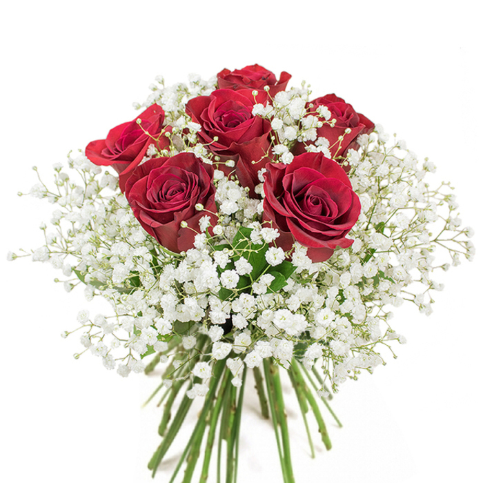 As a florist who often designs for households around Stanmore and the nearby green spaces of Stanmore Common and Bentley Priory, I find this bouquet a small lesson in classic romance: about 18-20 deep red roses, each with fully unfurled, velvety petals, are clustered into a lush, compact dome and cushioned by an abundance of tiny white gypsophila blooms. The baby's breath spills like soft mist between the roses, its miniature flowers creating a delicate counterpoint to the dense, velvety roses and giving the composition an airy lift. The arrangement rests in a simple clear glass vase, where the long, green stems are plainly visible through clean water, grounding the airy head with natural structure. Photographed against a pristine white background in diffused, even light, every petal edge and tiny white spray is defined-highlights gild the rose petals while the gypsophila appears almost luminous, like tiny stars. The scent is implied in the image: a gentle, classic rose fragrance softened by the faint sweetness of gimpy baby's breath. This bouquet feels suited to time-honoured occasions-a wedding anniversary, a sincere apology, or a romantic birthday surprise-but it also carries the calm assurance of a thoughtful local gift, the kind you might bring after a walk across Stanmore Hill or from a visit to a neighbour on Marsh Lane. The overall impression is one of considered elegance: simple materials arranged with care to speak plainly of love and devotion.