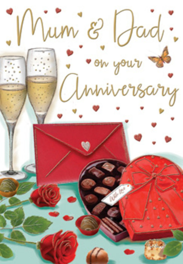 This expressive anniversary card design feels like a lovingly staged celebration set against the backdrop of Stanmore's calm, residential charm. At its centre, two elegant champagne flutes stand in close companionship, their slender stems and gently rounded bowls rendered with soft reflections that suggest candlelight glinting off polished glass. Inside, champagne shimmers a gentle golden hue, tiny bubbles caught mid-rise, giving a sense of joyful anticipation. In front of them, a heart-shaped box of chocolates takes pride of place, its deep red surface smooth and glossy, encircled by a wide, flowing bow tied in luxuriant loops and tails. The lid rests slightly open, revealing an assortment of neatly nestled chocolates, each one shaded to convey a rich, indulgent filling waiting to be shared. To one side, two striking red roses lie gracefully upon a bed of lush green foliage, their velvety petals spiralling outward in full bloom, as though chosen fresh that morning from Flowers Stanmore. Careful shading along each leaf and petal lends depth, evoking both the softness of the rose and the crisp, cool texture of its greenery. A few loose chocolates are scattered nearby, adding a human touch, as if someone has already begun to enjoy them. Above and around the scene, tiny golden and crimson hearts drift across a soft-toned background, gently framing a loving dedication to Mum & Dad. At the foot of the composition, a bold scarlet envelope lies ready, its sealed flap hinting at thoughtful words and treasured memories contained within. Altogether, the illustration captures the warmth of an anniversary evening in Stanmore, filled with gratitude, quiet toasts, and the enduring sweetness of shared life.