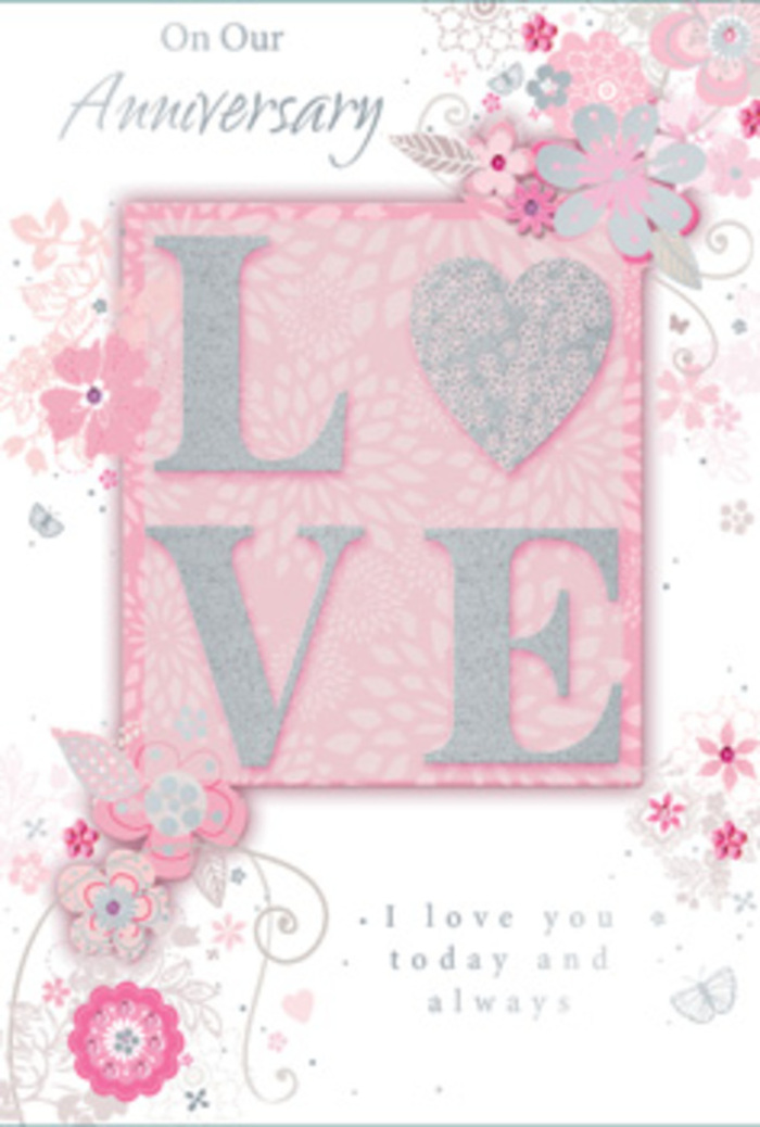 Viewing this anniversary card feels a little like stepping into a softly lit Stanmore sitting room, where gentle colours and cherished memories blend together. The design is built around the prominent word LOVE, printed in capitals and coated in a frosted glitter finish that appears textured and tactile. The letters seem to rise from the card, their sparkle catching the eye like late-afternoon light reflected in a vase on a windowsill overlooking Stanmore Golf Course. They sit on a blush-pink panel with subtly rounded edges, acting as a stage for the central message. Along the borders, hand-drawn floral motifs drift and curl with a delicate lightness. Petals in shades of blush, dusty rose, lilac, and creamy ivory overlap softly, shaded to suggest gentle volume as though each bloom is layered from fine, translucent paper. Between the blossoms, filigree lines, tiny leaves, and graceful curls link one flower to the next, forming a quiet rhythm reminiscent of a floral garland. Scattered among them, nearly hidden butterflies and small flourishes add a whimsical whisper, evoking the flutter of hearts on an anniversary morning. The phrase I love you today and always appears nearby in a simple yet elegant script, its flowing letters placed with enough space to invite a pause, like taking a slow breath while looking out over Stanmore's green spaces. The entire composition feels thoughtfully balanced, never crowded, allowing the eye to move from word to flower and back again. It carries the emotional resonance of a hand-tied bouquet translated into paper - steadfast, affectionate, and quietly celebratory - ideal for expressing lasting love within the Stanmore community.