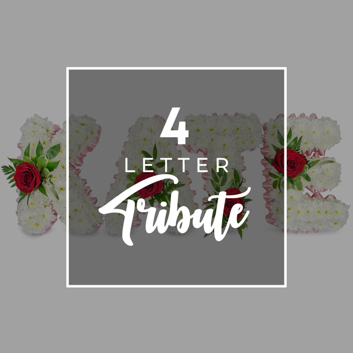 A calm, carefully arranged graphic showcases a custom four-letter funeral tribute that feels closely connected to the kind of memorial flowers chosen in Stanmore. The composition is built around a central, semi-transparent dark grey square bordered by a narrow white frame, reminiscent of a window gently laid over the flowers. On this overlay, the text 4 LETTER is set in bold, white block capitals, while Tribute is written beneath in an elegant, cursive style that curls lightly across the panel. Behind and slightly beyond the left and right edges of this square sits a line of floral letters, forming a short word or name such as those often arranged for remembrance services at local chapels. Each letter is meticulously covered with dense clusters of small white chrysanthemums, giving the surface a soft, cushiony appearance, as though the flowers have been carefully woven together by hand in a Stanmore florist's studio. A fine edge of blush-pink ribbon wraps each letter, just visible where the petals thin, adding a gentle hint of colour that softens the starkness of the white. Nestled within the chrysanthemums are luxuriant red roses, their petals unfurling in deep, velvety layers, surrounded by glossy green foliage that evokes the leafy character of Stanmore's residential streets and parks. The red blooms introduce a resonant note of love and remembrance, offset by the purity of the white flowers and the cool restraint of the grey background. Set against a smooth, pale grey field, the whole design feels both modern and heartfelt. The image quietly communicates the concept of personalised floral lettering and name tributes, showing how carefully chosen flowers can spell out a final, beautiful farewell for families in Stanmore.