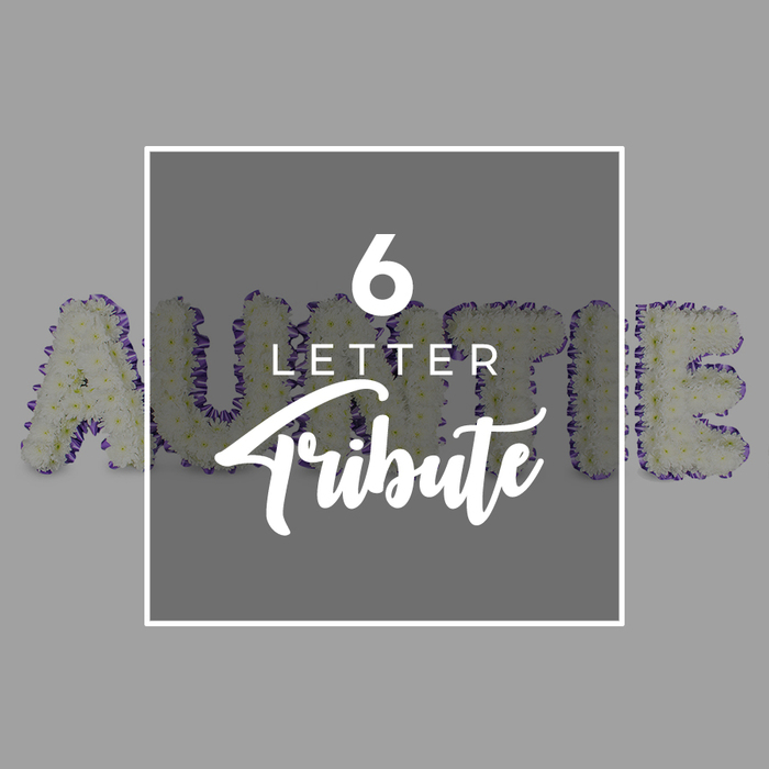 From a quiet Stanmore studio, this six-letter Auntie tribute is a quiet, elegant statement. The six individual letters are formed from a dense arrangement of pure white chrysanthemums, their petals gathered tightly to create a full, cloudlike surface. The edges are crisply defined with a purple trim-an accent of tiny blooms or ribbon-that lends color and distinction to the pale petals. A central white square overlay sits in the middle, with 6 LETTER Tribute in clean white text followed by the word Tribute in an elegant script, making the memorial feel both contemporary and timeless. Set against a soft gray background, the arrangement commands thoughtful attention, a dignified way to speak of love and memory. The scent is faintly fresh, the texture cool and velvety, and the overall aesthetic speaks of care, craft, and peace. In Stanmore, Canons Park, and nearby NW London, families seek such bespoke tributes to honor an Auntie at services, and this design answers that need with restraint and grace. We deliver with reliability, preserving freshness and elegance for visitation hours and beyond.