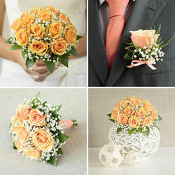 This four-part image reads like a quiet love letter in apricot and coral hues, pictured by a Stanmore florist who knows Bentley Priory's light. In the top-left, a bride in a soft white gown gently holds a perfectly rounded bridal bouquet; the peach-orange roses are at full bloom, their smooth, satiny petals layered densely and warmed by scattered clumps of white gypsophila and rich green foliage. The composition invites the eye to linger on texture-the plush rose centers, the airy, cloud-like baby's breath, and the subtle veining of ruscus leaves-while natural light softens the edges and gives the flowers a tender glow. The top-right close-up shows a groom's dark charcoal or navy jacket wearing a single peach rose boutonniere, trimmed with tiny gypsophila and a whisper of greenery, tied at the base with a small matching ribbon bow that mirrors the coral tie and crisply starched shirt beneath. Lower left, the same bouquet is reposed as a still life upon a pale, subtly textured fabric; here the handle's white ribbon with tiny pink-peach dots and a pearl-studded wrap are visible, demonstrating the florist's attention to both aesthetics and how the bouquet feels in a hand. The bottom-right frame features a reception centrepiece: a domed mass of peach-orange roses and gypsophila set into a white woven spherical vessel, flanked by two petite woven spheres in pale tones, offering a modern yet natural table accent. As prepared by a local craftsperson at Flowers Stanmore, this coordinated set evokes warm celebration-think soft summer ceremonies near Stanmore Hill or intimate evenings around Stanmore Common.