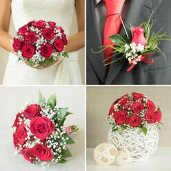 This four-image wedding collage captures a cohesive red and white floral theme, the kind of timeless styling often chosen by couples marrying around Stanmore's leafy streets and historic venues. In the top-left frame, a bride in a classic white lace dress holds a rounded bouquet pressed gently against her gown. The bouquet is densely composed of rich red roses, every petal velvety and full, with soft tufts of white baby's breath threaded between the blooms. Small touches of green foliage add a subtle contrast, enhancing the romantic, almost cinematic mood. The top-right frame focuses on the groom's boutonniere, pinned to a dark grey suit worn over a bright red tie and crisp white shirt. A single red rosebud forms the heart of this miniature arrangement, framed by clusters of gypsophila, narrow leaves, and fine strands of decorative grass, all tied together with a slim red satin ribbon that echoes the bride's bouquet. In the bottom-left frame, another full, round bridal bouquet of open red roses and abundant baby's breath lies on a textured pale grey surface, its stems bound in red and white striped twine that hints at careful, handcrafted work by a local florist such as Flowers Stanmore. The bottom-right frame presents a compact centerpiece ideal for reception tables: a dome of red roses and gypsophila sits atop a white, woven, spherical vase with an airy lattice pattern, accompanied by two smaller off-white woven balls. Together, the images convey a complete wedding story, from personal flowers to table décor, all harmonised in deep red, bright white, and fresh green tones.