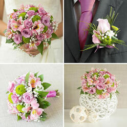 This collage of four images reveals how a single floral theme can gracefully run through an entire wedding day in Stanmore, from bouquet to buttonhole to table décor. In the top-left panel, a bride in an intricately patterned white lace gown is shown from the shoulders down, cradling a lush, rounded bouquet. The bouquet brims with pale pink and lavender roses at different stages of bloom, their soft petals juxtaposed with crisp, bright green button chrysanthemums. Light pink alstroemeria with subtle yellow speckles and delicate sprays of white baby's breath add movement and a gentle haze, all supported by dark green foliage that frames the design. The top-right image brings us closer to a groom's ensemble: a charcoal grey suit jacket and a striking fuchsia tie, anchored by a coordinating boutonniere. This small piece features a single blush pink rosebud, tiny lime-green chrysanthemums, gypsophila, and slender green grass, all tied together with a narrow pink ribbon, ideal for a groom walking down the aisle in a Stanmore synagogue or registry office. In the lower-left panel, a similar bouquet is laid horizontally on a light, subtly textured beige fabric, offering a closer study of the stems bound neatly with bright fuchsia ribbon and the carefully spiralled placement of each flower. The lower-right image completes the story with a matching centerpiece positioned on a white surface. A compact mound of pink and lavender roses, green button chrysanthemums, pink alstroemeria, and baby's breath is nestled in a white spherical vase with an intricate woven lattice design, accompanied by two smaller decorative spheres, creating a chic, cohesive look for Stanmore wedding receptions.