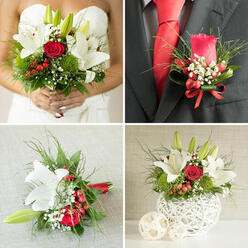 The groom's boutonniere is captured in intimate detail, a small yet powerful accent pinned with care to the lapel of a suit that might be worn at a Stanmore wedding near Canons Park or Stanmore Country Park. At the heart of the design, a single red rose unfurls in measured layers, each petal plush and velvety, curving inward to form a rich, romantic centre. Around it, slender sprigs of greenery add depth and definition, their smooth, slightly glossy leaves shaping a natural frame that sets the rose apart from the fabric of the jacket. Nestled among the foliage, tiny berries in warm red or deep burgundy tones offer subtle pops of texture, their rounded forms catching points of light and adding interest without overwhelming the composition. Wisps of baby's breath slip between the leaves and petals, their minuscule white flowers creating a gentle, airy contrast that softens the strong red and green palette. The stems are neatly bound, perhaps with a narrow ribbon or florist's tape, ensuring the boutonniere sits flush against the lapel, secure through every step down the aisle. In the photograph, the sheen of a coordinating crimson tie or pocket square echoes the rose, drawing the eye upward and tying the ensemble together. The overall feeling is one of polished tradition with a personal, heartfelt touch: a nod to classic wedding style that still feels individual and carefully considered. You can imagine this boutonniere being prepared early in the morning by an experienced florist in Stanmore, kept cool and fresh until the moment it is pinned, ready to accompany the groom through one of life's most significant days.