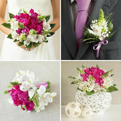 This four-part collage portrays a carefully coordinated wedding flower collection, echoing the tranquil, leafy feel of Stanmore's residential streets. In the top-left panel, the bride is captured from the waist down, her strapless white gown forming a pure, luminous backdrop. She holds a round, full bouquet with both hands, the curve of her fingers and glint of a simple ring drawing the eye inward. The bouquet itself is a lush mix of deep fuchsia peonies, their petals tightly layered and velvety, surrounded by white alstroemeria lightly brushed with maroon freckles. Spiky, pale green blooms and glossy dark foliage weave between the main flowers, adding depth, movement, and contrast. In the top-right image, the groom's boutonniere sits against the lapel of a charcoal suit, complemented by a smooth lavender tie. A small cluster of white alstroemeria and green accent flowers, tied with a lavender satin ribbon, mirrors the bride's bouquet on a subtle scale, ideal for wedding photos taken near Stanmore Country Park or Bentley Priory. The bottom-left panel shows a smaller hand-tied bouquet lying on softly textured beige fabric. It replicates the fuchsia peonies, white alstroemeria, and green accents, with stems neatly bundled in a lavender ribbon, perfect for bridesmaids or as a petite wedding bouquet. The bottom-right image shifts to reception décor: the same floral blend nestled in a sculptural white woven sphere-shaped vase. Beside it, three beige wicker spheres of different sizes continue the natural, tactile theme. Together, these four images illustrate how a single floral palette can flow seamlessly from personal flowers to table arrangements, creating a unified wedding atmosphere in Stanmore that feels both elegant and warmly inviting.