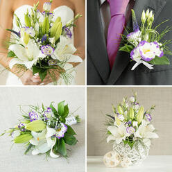 This four-frame collage shows a cohesive wedding palette in white and purple, rendered with the quiet confidence of an experienced local florist. In the top-left frame a bride in a strapless white gown cradles a voluminous bouquet where creamy white oriental lilies take centre stage-some petals fully unfurled to reveal honeyed stamens-paired with white Eustoma (lisianthus) edged in a vibrant purple halo that gives each bloom a painted rim. Tight buds and sprays of slender, deep-purple veronica punctuate the arrangement, while layers of foliage-from glossy broad leaves to fine, grass-like strands-create soft movement. The photograph's warm light makes the textures readable: satiny lily petals, the ruffled lisianthus, and the slight papery snap of the small accent blooms. Top-right focuses on a groom's boutonniere pinned to a dark charcoal jacket above a rich purple silk tie: a singular open purple-edged lisianthus, a delicate lily bud, a hint of spiky purple filler and a few slim greens, finished with a neat white ribbon bow. Bottom-left displays a smaller hand-tied bouquets or toss bouquet on textured beige cloth, stems wrapped in white ribbon and echoing the bride's composition in miniature. Bottom-right features a tall, sculptural centerpiece in a contemporary white woven spherical vase, brimming with both open and tight lilies, purple-rimmed lisianthus, spiky purple accents and cascading greenery, paired with woven beige decorative spheres. Prepared with local care by Flowers Stanmore, this set would suit an elegant reception near Stanmore High Street or a ceremony by Bentley Priory, offering a tranquil, refined floral story.