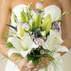Under soft daylight that pours through Stanmore conservatories, this wedding bouquet embodies the delicate harmony of elegance and wildness. Creamy white Oriental lilies unfurl at the heart, each petal luminous and faintly scented, embodying hope and grace. Sprays of lisianthus bloom with crisp white petals edged intricately in violets and lavender, introducing both depth and a touch of whimsy. Deep purple veronica threads through the arrangement, connecting the flowers with a rich, jewel-like continuity. Wispy clouds of baby's breath shimmer throughout, lending a softness that recalls the gentle air and open spaces so familiar to Stanmore residents. Cascading around the bouquet, vibrant green foliage-broad lily leaves and airy asparagus fern-frames the composition with the same freshness as the gardens along Marsh Lane. The bride, her hands polished and posed, cradles the bouquet against her softly blurred strapless gown, the fabric catching the light and further illuminating the blooms. Thoughtfully gathered by Flowers Stanmore for a couple cherishing their special day, this arrangement brings together floristry artistry, local landscape inspiration, and the timeless spirit of Stanmore, ready for same-day delivery across the community.