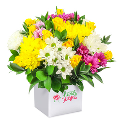 A bright, uplifting bouquet of mixed flowers is arranged in a crisp white cube box, set against a pure white background that allows the colours to sing, much like a sunny window display along Stanmore Hill. The arrangement forms a rounded, dome-like shape, densely filled so that each blossom nestles closely against the next. At the heart of the bouquet, large yellow chrysanthemums spread their many soft petals, creating a warm focal point that feels both cosy and celebratory. Tucked among them are clusters of yellow spray roses, some still in tight bud, others beginning to open, their satin-like petals catching the light. Offsetting the golden hues are white daisy-style chrysanthemums with bright green centres, which bring an easy, informal charm, reminiscent of a stroll through Bentley Priory Nature Reserve. Larger white chrysanthemums add volume and a sense of calm, their fluffy forms softening the overall look. Threaded throughout are fuchsia and magenta chrysanthemums, their rich, jewel-like colours adding depth and drama, with some blooms showing hint of lighter pink towards the tips. Dark, glossy green foliage encircles the base and peeks through the blooms, framing the colours and giving the bouquet a structured, finished feel. The white cube box acts as both vase and gift container, its modern lines making this arrangement perfect for placing on a Stanmore kitchen table, office reception, or bedside. The lighting is bright and even, bringing out the velvety textures of the petals and the subtle shine of the leaves. The whole scene suggests a thoughtfully crafted floral gift, ideal for marking birthdays, anniversaries, or simply brightening someone's day with local flower delivery in Stanmore.