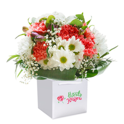 This bouquet embodies the refined charm and fresh spirit of Stanmore, each bloom combining for a vibrant expression of celebration. At the centre, coral and peach carnations with their lush, ruffled petals create a rich tapestry of colour, exuding warmth and a touch of playful luxury. Intertwined are clusters of snowy white daisies, their vivid green centres echoing the renewal and serenity found in Stanmore's tranquil parks. Baby's breath, light as afternoon clouds drifting above Bernays Gardens, is scattered throughout, adding an ethereal softness that invites a longer gaze. Around the core of radiant blooms, purple-tinged buds emerge gently, offering depth and subtle anticipation-like spring blossoms peeking in at the edges of Marsh Lane fields. The ensemble is gracefully encircled by broad, glossy dark green leaves, providing both visual structure and a sense of fullness that reflects the well-tended landscapes of Stanmore Hill. Resting within a minimalist, elegant white gift bag with doubled ribbon handles, the bouquet is ready for gifting to neighbours, friends, or family-its style suitable for any heartfelt celebration, from birthdays to graduations. Bathed in clear, natural light, every texture stands out-the smoothness of foliage, the intricate frills of carnations, the playful vitality of daisies-all combining to capture the artistry and attention to detail synonymous with Stanmore's local florists.