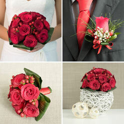 This four-panel collage captures a complete red rose wedding set, beautifully suited to an elegant celebration in Stanmore and the surrounding leafy streets. In the top-left panel, a bride clad in a white gown gently holds a rounded, hand-tied bouquet close to her middle. The bouquet is a tight cluster of deep crimson roses, their petals lush and velvety, threaded with glossy red hypericum berries that add texture and depth. A neat collar of rich green foliage encircles the base, creating a defined edge that frames the flowers and highlights their intense, romantic hue against the smooth white fabric of her dress. The top-right panel shifts the focus to the groom's attire. Against a dark charcoal grey suit jacket, a boutonniere is pinned with meticulous care. It features a single red rosebud, flanked by slender green foliage and soft, cloud-like tufts of white gypsophila, with a few small red berries echoing the bouquet's detail. A tiny red satin ribbon bow ties the elements together, coordinating perfectly with the groom's bright red tie and crisp white shirt, and giving the overall look a sense of unity. In the bottom-left panel, another bouquet lies on a textured beige background, perhaps created for a bridesmaid or to accent a Stanmore registry office ceremony. Several lush red roses and red berries are partially wrapped by broad, dark green tropical leaves that arc gracefully around the blooms, giving the piece a sculptural, almost architectural silhouette. A red ribbon secures the visible stems at one side. In the bottom-right panel, a dome-shaped centerpiece of red roses and berries is placed delicately on a white woven spherical vase made from natural fibres. Two smaller, wood-toned woven balls rest nearby on a smooth pale surface, backed by a soft beige and grey wall, evoking stylish, coordinated reception tables arranged by a local florist near Stanmore Hill.