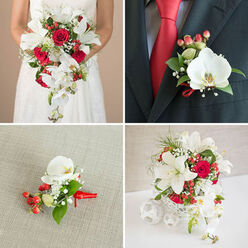 A coordinated quartet of wedding florals that celebrates contrasts-pure white, passionate red and deep green-presented with the calm confidence of a local Stanmore florist. The top-left image shows a bride from mid-torso down, bathed in diffuse daylight, clutching a lavish cascading bouquet where open white lilies and velvety red roses form the heart, while white phalaenopsis orchids spill downward in glossy ribbons. Tiny white baby's breath softens the silhouette and clusters of red hypericum berries add glossy punctuation, all set against varied green foliage including thin spiky fronds that lift the composition. In the top-right panel a groom's boutonniere is pinned to a charcoal suit lapel; a single white phalaenopsis sits prominently beside two small red hypericum bunches, fine baby's breath and a neat loop of red ribbon that mirrors a bright red tie, lending a tailored touch. The lower-left close-up places a matching corsage on textured beige linen so you can note the smooth orchid petals, waxy berries and the playful curl of ribbon. The lower-right displays a sophisticated centerpiece in a white woven vase on a clean surface, echoed by white spherical ornaments-an arrangement built from the same lilies, roses, orchids, berries and feathery greens for continuity. Written from the perspective of a florist familiar with Stanmore Common and local wedding halls, this grouping-prepared by Flowers Stanmore-evokes a soft floral perfume of rose and lily, tactile contrasts between satiny petals and crisp foliage, and a carefully unified look suitable for a chapel ceremony or a reception near Stanmore Hill. Local delivery options across Stanmore and Harrow ensure freshness for the big day.