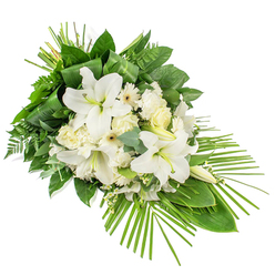 An elongated sympathy spray in tranquil white and layered shades of green is presented against a bright white backdrop, designed to be viewed from the front as it sweeps gently from left to right in an elegant arc. At the centre of the composition, sumptuous white Oriental lilies open widely, their smooth petals forming star-like trumpets around pale, softly dusted stamens, while a few upright buds suggest ongoing life and remembrance. Encircling the lilies are clusters of white and ivory roses, each bloom at a slightly different stage, from tightly folded buds to fuller, cupped flowers, lending a sense of natural rhythm and tenderness. Ruffled white carnations weave between them, their petal edges frilled and soft, creating depth and a comforting, cloudlike feel. Neat white Gerbera-type flowers, with perfectly placed petals and subtle pale centres, add a modern, clean-lined accent to the classic blooms. Throughout the arrangement, tiny white filler flowers are tucked in, adding texture and fine detail. The surrounding greenery is abundant and thoughtfully varied: robust dark green leaves lay down a strong foundation, airy fern fronds soften the edges, and round eucalyptus leaves in dusty green-blue tones bring a gentle coolness that calms the eye. At the upper edge, long, narrow leaves are folded and tied to form a structured vertical element, while from the lower right, a fan of slender palm fronds arcs outward, emphasizing the spray's flowing, asymmetrical shape. The palette of whites and greens evokes peace and purity, reminiscent of the quiet elegance of Stanmore's gardens and the open spaces near Stanmore Country Park. This dignified piece feels especially suited to resting by a coffin or on a memorial stand, offering a composed, heartfelt gesture of condolence crafted by a florist who understands local families' needs at difficult times.
