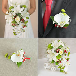 This four-image collage captures a refined wedding flower story, the kind often chosen by couples marrying in Stanmore's churches and local hotels. The top-left panel focuses on a bride from the shoulders down, her ivory wedding dress softly textured and understated so the cascading bouquet in her hands can shine. Broad white oriental lilies open generously, their petals velvety and slightly curled, with stamens adding a touch of depth. From the main cluster, delicate white Phalaenopsis orchids trail like a waterfall, their arching stems creating a gentle sense of movement. At the bouquet's heart rests a single cream rose, surrounded by rounded, bright green pompon-style blooms, glossy red berries, and airy baby's breath, while slender blades of green foliage flicker through the design. In the top-right image, a groom in a dark suit with a crisp white shirt and vivid red tie wears a matching boutonnière on his lapel. It features one pure white orchid blossom, a small tuft of green spherical flowers, and miniature white filler blooms, all tied neatly with a bright red ribbon that mirrors his tie. The bottom-left panel shows this same boutonnière alone, lying on a pale beige, lightly woven fabric, where you can see the smooth orchid petals, the fresh green leaf backing, and the gentle shine of the ribbon. In the bottom-right image, the bridal bouquet is displayed upright in a white woven basket-style vase on a clean white surface, against a soft grey wall, with three white wicker balls beside it, suggesting a calm reception display somewhere in Stanmore, ready to welcome guests. Created with the care of an experienced local florist, the ensemble radiates harmony and timeless romance.