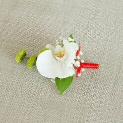 An elegant boutonniere rests on a pale beige, linen-like fabric, its natural, slightly coarse weave reminiscent of simple, rustic table linens at a Stanmore wedding breakfast. The star of this petite arrangement is a pristine white phalaenopsis orchid, its wide, curved petals catching the soft, diffused light, so that each contour and gentle fold becomes visible. At the orchid's centre, a delicate blend of butter-yellow and subtle reddish-orange markings draws the eye inward, giving depth and character to an otherwise serene white bloom. Encircling the orchid, cloud-like tufts of white baby's breath introduce a feathery, almost fairy-light texture, as if the flower were resting within a soft mist. To the left, two firm lime-green chrysanthemum buds, round and textured like tiny pom-poms, bring a crisp, contemporary jolt of colour, echoing fresh greenery seen around Stanmore Country Park in early spring. Beneath the flowers, a broad, glossy green leaf quietly supports the composition, with another smaller, darker leaf adding a hint of layered foliage near the base. The stems are expertly wrapped in a vivid crimson red ribbon, the satin finish smooth and light-catching, coiled snugly before ending in a tidy bow that injects a sense of joyful formality. The harmony of white, green, and red feels both classic and modern, ideal for a groom, best man, or prom guest seeking a refined touch. Crafted in the style you might find from an experienced local florist near Stanmore station, this small piece of floral design speaks of care, celebration, and attention to every last detail.
