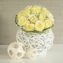 This image shows an elegant floral display that could easily be the centrepiece of a Stanmore wedding or a refined celebration close to Stanmore Country Park. A carefully shaped dome of pale yellow roses rises from the centre, each rose fully unfurled, revealing velvety, overlapping petals that form lush spirals. The colour is a gentle buttery cream, with hints of soft lemon where the light touches the blooms, creating a glowing, romantic effect. Between the roses, delicate plumes of white baby's breath appear, their countless pinhead flowers spreading in airy tufts that soften the structure and give the whole bouquet a light, almost floating quality. Just at the base of this floral mound, a slim band of glossy green foliage wraps around the stems, acting like a natural frame and providing a fresh contrast. The bouquet is set into a striking white woven vase, its openwork design made from slender strands that crisscross to form a basket-like structure with visible gaps. The vase curves gently in the middle, echoing the rounded shape of the flowers above while keeping the whole arrangement visually light and contemporary. On the smooth white surface beside the vase, two decorative spheres lie, each constructed from pale, interlaced strips of material that create open geometric patterns, echoing the same woven theme. These accents, one slightly larger than the other, help extend the composition softly across the table. Behind everything, a softly blurred beige backdrop with a subtle texture recedes, ensuring all attention stays on the flowers and the artisanal craftsmanship. The scene feels calm, polished, and romantic, ideal for a bridal luncheon in Stanmore, a golden anniversary celebration, or any occasion where gentle beauty and careful detailing matter.