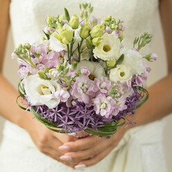 The essence of Stanmore's timeless celebration comes alive in this exquisite bridal bouquet, reflecting local artistry and a touch of heartfelt grandeur. Within a softly focused frame, velvet-white Lisianthus blossoms unfold gracefully, their delicate, ruffled petals glowing in the gentle sunlight filtering through broad windows typical of weddings near Stanmore Park. Tender green buds peek from between the blooms, suggesting anticipation and new beginnings. Threads of light pink and lilac stock flowers spill among the arrangement, their scent reminiscent of Stanmore's tranquil churchyards and meandering weekend walks along Brockley Hill. Distinguishing the bouquet is a bold band of spiky, purple Allium forms at its base, their architectural bloom shapes bringing a distinctly modern accent against the blushing pastels-much like the fusion of old and new that defines Stanmore's scenery. Artful loops of glossy deep green bear grass gracefully spiral above the Allium, merging understated sophistication with organic movement reminiscent of the landscaped grounds around Canons Park. The bride's hands, adorned with soft pink polish, cup the bouquet's stems with a quiet reverence, embodying a sense of calm joy and loving commitment. The out-of-focus white gown behind the flowers provides a canvas of serenity, ensuring the bouquet remains the soul of the image. Designed for weddings blooming within HA7's charming venues, this arrangement whispers of tradition and embraces modern elegance, capturing the spirit and expert foresight found at Flowers Stanmore.