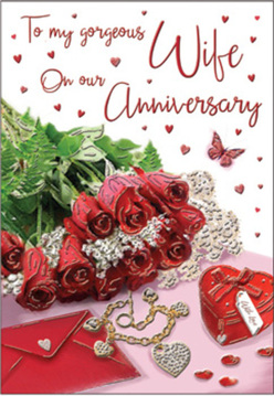 This evocative anniversary card illustration feels like a romantic still life arranged on a polished table in a Stanmore living room, just waiting to be discovered. A small bouquet of crimson red roses dominates the centre, their petals rich and velvety, layered in intricate whorls that express deep, enduring love. The roses are accompanied by lush green foliage that arcs and curves around them, introducing natural texture and a sense of fullness, much like a professionally crafted bouquet picked up from a trusted Stanmore florist. Beside this floral focal point lies a carefully placed envelope, its neat shape and soft cream tone offering a gentle contrast to the intense reds. You can almost imagine the handwritten anniversary message tucked inside, composed slowly and thoughtfully earlier in the day. A heart-shaped keepsake box and a piece of jewellery with elegant metallic highlights rest nearby, symbolising treasured memories and gifts exchanged over many years. Scattered across the surface of the card, tiny red hearts catch the light, sparkling just enough to draw the eye without overwhelming the gentle scene. A delicate butterfly motif appears to hover lightly near the arrangement, adding a fairytale touch of wonder and renewal. The lighting is warm and slightly diffused, casting graceful shadows that emphasise the roses' curves and the subtle gleam of the jewellery. Together, these elements create a tableau that radiates intimacy and sentiment-the kind of timeless romance celebrated quietly in homes across Stanmore, where milestones are honoured with roses, keepsakes, and heartfelt words.
