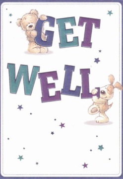 Illustrated get well card showing a lovable teddy bear and a lively puppy working together to present the message "Get Well" in big, bold letters that feel almost three-dimensional on the page. The typography is coloured in jewel-like tones of deep purple, indigo, and teal, with gentle shading that makes each letter bulge and curve like soft cushions. Around them, scattered stars and tiny sparkles in complementary blues and violets dart across the cream-white background, giving the design a sense of movement and light, as if the wishes are floating gently over Stanmore's quiet residential streets. The bear is cuddly and round, clinging to the top of the word "GET," while the puppy leans its soft paws against "WELL," its long ears grazing the letters in a way that suggests both playfulness and devotion. Fine line work in their fur suggests fluffiness you can almost feel, similar to the tactile comfort of brushed greenery or velvety rose petals in a carefully crafted get well bouquet. The space around the central design is intentionally uncluttered, allowing the expressive faces and bright colours to do the emotional work, like a simple vase of seasonal blooms placed just so on a bedside table. Thoughtfully composed, the card radiates gentle optimism, perfectly suited for sending alongside flowers to someone resting at home off Marsh Lane or recovering in a nearby Stanmore clinic.