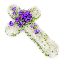 A large, cross-shaped funeral tribute is shown against a pure white background, its calm simplicity allowing the floral craftsmanship to stand out clearly, much like arrangements prepared by Flowers Stanmore for local services. The main body of the cross is formed from tightly packed white spray chrysanthemums, each flower carefully angled so their petals blend into a soft, textured surface, free of gaps. The blossoms' tiny green centres peek through the white, giving the design a subtle, life-affirming glow rather than a stark, flat colour. Along the outer edge, a slim ribbon of bright lime green runs continuously around the shape, neatly trimming the cross and providing a fresh outline that echoes the leafy streets around Stanmore Common. At the very centre where the arms meet, a generous cluster of deep purple lisianthus flowers creates a vivid focal point. Their velvety petals curl and layer around one another, forming rich, cup-like blooms in various stages of opening, from tight buds to fully unfurled flowers. Threads of soft foliage and small complementary blossoms weave through this purple centre, integrating it gently into the white chrysanthemum bed. From here, a flowing spray of lisianthus blooms trails diagonally down one arm of the cross, lending a sense of gentle motion as though the flowers are quietly cascading downward in remembrance. The lighting in the photograph is bright but soft, illuminating every petal and creating just enough shadow beneath the cross to lend it depth and presence. The overall impression is one of quiet dignity and spiritual comfort, a floral cross designed to bring a touch of beauty and peace to funerals, church services, or crematorium farewells held in and around Stanmore.