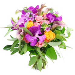 Set against a clean white background, this opulent bouquet appears almost to glow, a considered composition of premium blooms that would not look out of place at a celebration in Stanmore's grander homes. At its heart lie several Vanda orchids in rich fuchsia-purple, their wide petals marked with a distinctive, net-like speckling that gives each flower an intricate, luxurious character. These are framed by clusters of bright orange roses, their petals densely layered in tight spirals that radiate warmth and cheerful optimism. Soft pastel pink roses wander through this vivid pairing, shifting from tightly furled buds to half-open, gently cupped blossoms that bring a whisper of romance to the arrangement.   

Rising above and between the main flowers, elongated calla lilies in shades of plum, mauve, and dusky pink introduce a tall, sculptural element. Their smooth, trumpet-shaped blooms curve with quiet grace, echoing the elegant, sweeping lines of the nearby Bentley Priory grounds. Finer details appear in clusters of lavender and lilac filler flowers, which weave in and out of the larger blooms, adding lightness, texture, and a sense of delicate movement. Surrounding everything, a generous halo of greenery combines silvery eucalyptus with darker, richer foliage, giving the bouquet volume and a fresh, garden-like feel familiar to anyone strolling along Warren Lane.   

The stems, clearly gathered and tied at the base, reveal the bouquet's hand-crafted nature and the care taken in balancing each stem. Lush, rounded, and full, this arrangement suggests celebrations and heartfelt thanks, suitable for marking a milestone birthday, dressing a table for a family gathering near Stanmore station, or sending a refined "thinking of you" to a friend recovering at home, carried in with the soft rustle of leaves and subtle fragrance of roses and eucalyptus.