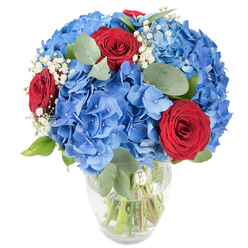 Presented with the care of a local Stanmore florist, this arrangement pairs deep, saturated blue hydrangeas with three intense red roses, gathered in a clear glass vase that shows the fresh green stems beneath the water. The hydrangeas dominate the composition with plush, rounded heads composed of countless tiny florets, their cool azure tones evoking a late-summer sky after rain. The three red roses are placed as deliberate punctuation points; their velvety, tightly furled petals create a sensual, classic shape that contrasts beautifully with the billowy hydrangea masses. Wisps of white baby's breath (Gypsophila) are dispersed throughout, offering an airy, featherlight texture that softens the palette and seems to hover between the larger blooms. Soft, oval eucalyptus leaves in muted green thread through the bouquet, lending a gentle herbal scent and a silvery sheen that tempers the intense colours. The clear vase, with its softly curved silhouette, anchors the arrangement and gives a reassuring glimpse of stem structure and water level - small signs of freshness and thoughtful mechanics from my workspace near Canons Park and Stanmore Hill. Lit by crisp, neutral light against a white background, the bouquet's colours read clean and energetic; the blue reads almost electric while the red keeps a warm, romantic depth. Whether placed as a centrepiece for a birthday, presented as a token of love, or chosen for a patriotic table setting, this composition balances exuberance and restraint. As a local maker I picture it travelling from my bench near Stanmore station to doorsteps across the area, arriving bright and ready to lift a room.