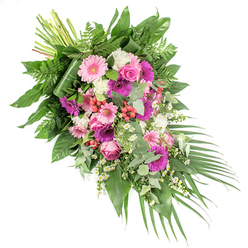 Displayed on a crisp white background, this graceful funeral spray flows diagonally from the upper left to the lower right, its shape echoing the gentle arc of a farewell gesture. The arrangement brings together soft pink, fuchsia, purple, and white blooms, balanced against abundant green foliage to create a tribute that feels calm, comforting, and quietly uplifting. At its focal point, large gerbera daisies open in harmonious shades of light pink and rich magenta, their finely layered petals forming perfect circles that symbolise continuity and enduring love. Interwoven with these are refined pink roses, some in tight buds and others more fully open, their spiralled centres inviting a lingering gaze. Between the larger blossoms, clusters of fluffy white flowers-resembling mini carnations or dianthus-add a cushion-like softness, while tiny white daisy-like flowers weave a delicate, airy thread through the spray, reminiscent of wildflowers seen along paths near Stanmore Country Park. Glossy red hypericum berries are sprinkled thoughtfully among the petals, catching the light and drawing the eye along the diagonal line. The arrangement is cradled in a lush framework of greenery: broad, dark green leaves provide structure and depth, bright green fern fronds soften the outline, and rounded, silvery eucalyptus introduces a modern touch and the suggestion of a fresh, clean scent. At the lower right, graceful palm fronds extend outward, reinforcing the sense of movement and direction. At the upper left, the gathered stems are neatly visible, hinting at the careful hand-tying and planning behind each placement. This floral spray would rest beautifully on a casket or stand in a Stanmore chapel, offering a soft, floral expression of remembrance and gentle support for family and friends.