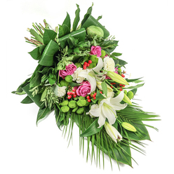 With the grace of a local Stanmore garden and the tranquillity of a gentle remembrance, this funeral spray speaks in the language of both colour and comfort. Arranged diagonally over a pure white backdrop, its composition reveals a story in flowers-white trumpeted lilies, at various stages from freshly closed buds to magnificent, open blooms, radiate a scent and serenity that seem to linger in the air. Clusters of deep pink and fuchsia roses evoke memories and affection, their petals layered and soft. At their feet, textured spheres of lime-green santini chrysanthemums add playful uplift, contrasting with the soft fullness of petite white spray carnations-a nod to new beginnings and cherished reflections. Glossy dark green leaves, meticulously shaped for a modern, structured feel, weave with lighter fronds reminiscent of the foliage found in Stanmore's peaceful parks. Cheerful red hypericum berries are artfully scattered, their brightness catching the eye much like the first berries of summer along local trails. Cascading palm fronds give the arrangement its signature sweep and movement. Designed with care, this bouquet brings a gentle yet dignified presence, comforting families in Stanmore with a blend of traditional gesture and fresh, contemporary artistry.