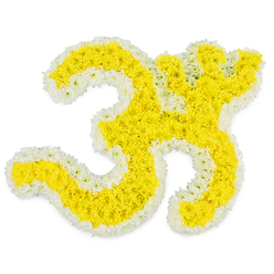 Set on a spotless white background, this floral Om symbol becomes the sole focus, its spiritual form expressed through colour, texture, and meticulous craftsmanship. The heart of the design is composed of vivid yellow blossoms, tightly packed so that they form a continuous, cushioned surface. These small flowers, reminiscent of chrysanthemums or marigolds used so often in traditional garlands around Stanmore temples and home shrines, follow the full contour of the Om: the wide, grounding sweep at the bottom, the smaller upper arcs, and the delicate inner forms. Hugging every edge, a narrow yet perfectly even border of white blooms gives definition to the symbol, creating a calm, luminous frame that contrasts gently with the sunny yellow interior. Under bright, diffused lighting, there are no harsh shadows, just a soft glow that makes the colours pop while preserving their natural softness. Looking at it, you can almost imagine the faint, green-tinged scent of freshly cut stems and petals in a local Stanmore flower shop as the piece is assembled for a family paying their last respects. The tribute feels both personal and universal, honouring cultural traditions and the deep comfort many find in chanting Om during times of grief. Its balanced composition and clear lines make it particularly suitable for display at a funeral service, a memorial ceremony, or a quiet vigil at home. The overall mood is serene and reverent, a gentle reminder of oneness, continuity, and the sacred cycle of life and passing.