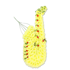Set against a pure white backdrop, this saxophone-shaped floral tribute looks both striking and tender, a piece that would sit gracefully at a Stanmore funeral or celebration of life. The main body of the instrument is entirely covered in a thick layer of small, bright yellow chrysanthemum blooms, their feathery petals pressed closely together to form a velvety, textured surface that traces the familiar S-curve of the sax from mouthpiece to bell. The yellow has a warm, hopeful tone, more reminiscent of spring sunlight over Stanmore Common than of darkness or sorrow. Dotted along this golden canvas are neat clusters of tightly closed red rosebuds, each one placed where a key or button might be, giving the design both rhythm and focus, as if marking out the melody of a favourite tune. Around the edges, especially along the curved neck and lower sweep of the instrument, delicate strands of fresh green trailing foliage have been threaded through, subtly outlining the shape and adding a touch of natural movement. Near the top left, at the suggestion of the mouthpiece, a few slender wires-green or metallic-peek out, testifying to the careful structure that keeps the piece upright while also evoking the reed and technical details of a real saxophone. The neutral lighting ensures that shadows are minimal, keeping attention solely on the interplay of colour and texture. This arrangement feels like a loving nod to someone who filled homes around Stanmore, from Marsh Lane to Canons Park, with music, laughter, and the sound of live performance.