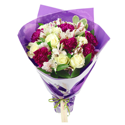 A vibrant bouquet stands tall against a clean white background, its rounded crown of blooms arranged with the practiced eye of a local Stanmore florist. Cream-white roses form the central focus, their petals tightly layered yet delicately curving outward, suggesting a soft, silky texture under the fingertips. Around them, deep magenta carnations cluster in generous groups, their ruffled petals creating a sense of movement and volume, the fuchsia tones echoing the liveliness of weekend strolls along Stanmore Broadway. Slender stems of white alstroemeria weave throughout the bouquet, each bloom bearing fine pinkish-red streaks and dark stamens, adding a subtle, painterly detail that rewards a longer look. The flowers are cradled in a collar of fresh greenery, including some variegated leaves edged in pale cream, giving the arrangement fullness and a natural, just-picked character reminiscent of blossoms gathered from gardens near Canons Park or along the leafy streets around Stanmore station. The stems taper neatly at the base, held firmly together by an inner wrap of crisp white paper that hugs the underside of the blooms and frames them with a neat, contemporary edge. Over this, a translucent layer of softly crinkled purple cellophane or tissue wraps around the bouquet, its gentle sheen catching the light and adding a celebratory, slightly whimsical touch. A bright green satin ribbon, iridescent and smooth, is tied into a neat bow at the base, securing the wrapping and drawing the eye downward. From the knot hangs a small, rectangular, light brown tag, waiting for a personal message-perhaps a note of congratulations, sympathy, or affection. The bouquet radiates warmth, joy, and thoughtful care, an ideal choice for local flower delivery to homes, workplaces, and celebrations across Stanmore.