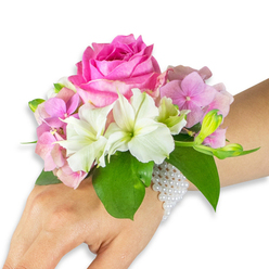 This wristlet reads like a small, wearable love letter: a sumptuous deep fuchsia-pink rose takes the lead, its petals packed and radiating outward like a heart opening to sunlight. Around it, soft blush-pink hydrangea florets add a cloud-like volume, their delicate textures creating a romantic backdrop against which the white alstroemeria-each petal brushed with a faint streak of pale green-stands out with crisp, botanical clarity. On one side a tight cluster of pale green alstroemeria buds and a scattering of tiny, barely open pink buds hint at time yet to unfold, while broad emerald leaves tuck around the base, framing the composition with glossy, cool relief. The corsage is fastened to the wrist by an elegant, multi-strand bracelet of small, shimmering white pearls; the strand wraps around and spills gently onto the back of the left hand, the pearls' subtle glow mirroring the rose's sheen. Photographed against a pristine white background, the arrangement is shown in soft, even light that accentuates petal texture and the slight shadow between blooms, inviting the viewer to imagine the scent-warm rose with a faint green, watery hydrangea lift-and the light pressure of petals against skin. Appropriate for proms, bridal parties, and intimate celebrations, this piece channels timeless charm with contemporary craftsmanship and would sit beautifully beside a reception at a Stanmore Village teahouse or carried out to a nearby green like Stanmore Country Park for photographs.