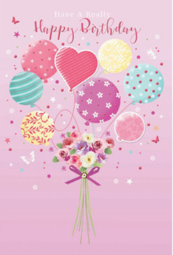This charming birthday artwork feels like opening your curtains in Stanmore to find the day already smiling back at you. Against a soft pink backdrop, a lively spray of pastel balloons appears to carry a fresh bouquet upward, as though the flowers themselves are floating toward a birthday celebration. The balloons are painted in a gentle palette of rose, teal, lemon, and lavender, each with a distinct pattern: some wrapped in twirling ribbon stripes, others dotted with playful spots, and a few adorned with delicate floral whorls that echo the blooms below. At the base, a hand-tied bundle of roses and daisy-like flowers rests, petals softly textured and full, shaded from creamy ivory to blush pink and gentle mauve. You can almost imagine their cool, velvety feel and light sweetness, like a bouquet prepared for same-day delivery to a home near Canons Park or along Marsh Lane. A neat purple ribbon cinches the stems, its sparkly finish suggesting the thoughtful attention of an experienced florist who cherishes every detail. Light falls delicately across the entire design, highlighting the gloss of each balloon and the subtle curves of every petal, creating a sense of warmth and anticipation. Tiny stars and fluttering butterflies drift in and out of the composition, adding a whisper of magic, as if the whole scene is caught at the moment a wish is made. The result is an image that combines whimsy and elegance, perfectly suited to express birthday joy for someone celebrating in and around Stanmore.