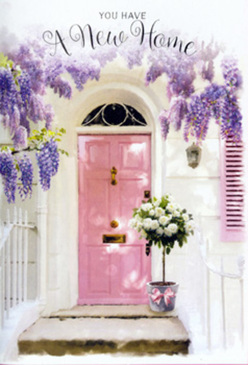 This image captures a peaceful entrance in Stanmore, dressed as though it has just received a thoughtful housewarming delivery from a local florist. A blush-pink door stands at the centre, its paint finish smooth and even, reflecting just enough soft daylight to make the colour glow against the clean whitewashed wall. Beside it, a pastel shutter echoes the same gentle hue, framing the doorway with a sense of balance that would feel right at home along the tree-lined avenues near Bentley Priory or the quiet cul-de-sacs surrounding Stanmore station. Arching above the scene, wisteria trails down in long, luxurious clusters of lavender and lilac, its blossoms forming an almost storybook canopy that suggests both fragrance and movement, as if a light breeze might set them swaying. At the doorstep, a grey metal bucket sits firmly but gracefully, brimming with sumptuous white and cream roses. Each rose looks carefully chosen, the petals thick and plush, opening slowly toward the light. Interspersed among the blooms, touches of fresh green foliage peek through, lending contrast and a garden-like freshness. A satin ribbon in a soft pink, close in tone to the door, wraps tenderly around the bucket and ties in a neat bow, completing the carefully curated pastel composition. The light is gentle, casting delicate shadows and subtle highlights that pick out the folds of petal and the texture of stone and metal. Together, these elements create a mood of quiet joy and anticipation, perfectly suited to mark a move into a new Stanmore home with a floral gesture that is at once refined, welcoming, and full of heartfelt hope.